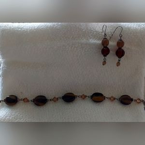 Tigers eye and crystal gift set bracelet 7.75" long, earring drop 1.25"